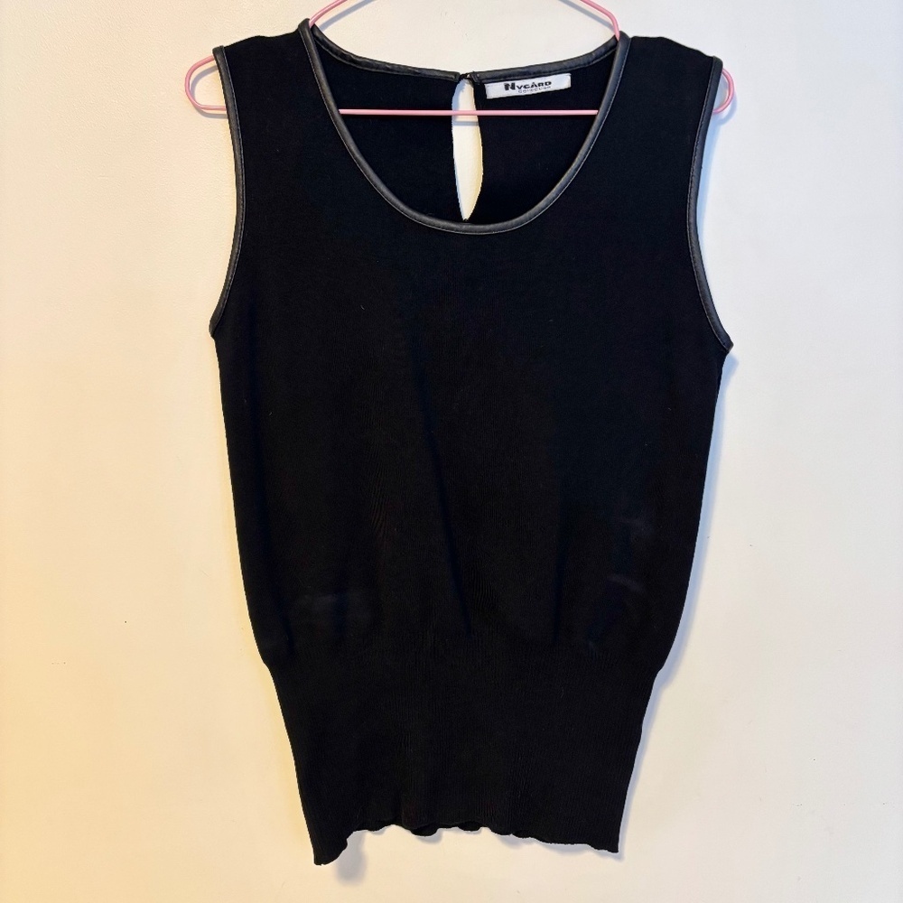 Nygard Collection Leather Trim Knit Sleeveless Sweater Black Womens Size Medium